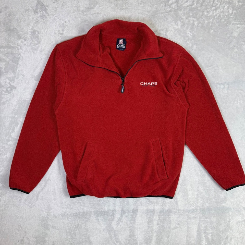 Chaps Fleece Pullover Mens Large Red Quarter Zip Mock Neck Logo Pocket